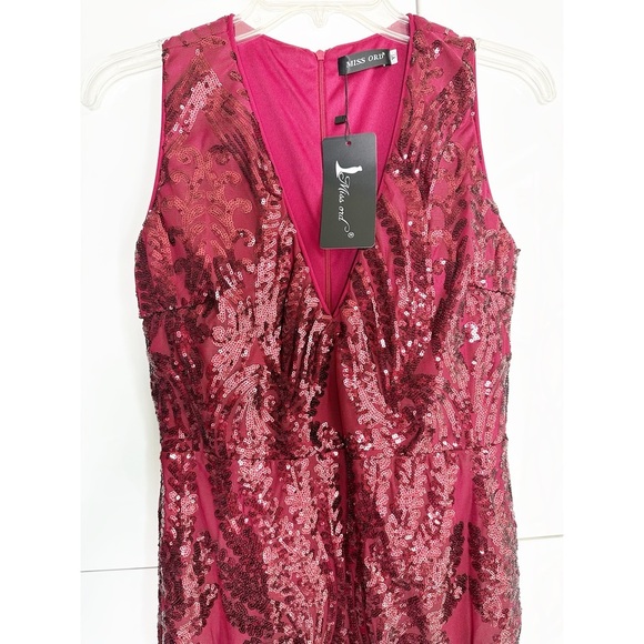Miss Ord Red Sequin Formal Gown Size XL Full Length Front Slit Prom Wedding NWT - Picture 6 of 11